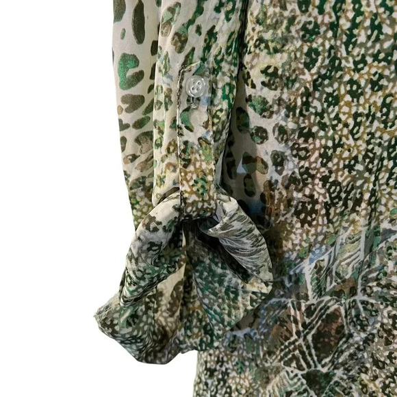Chicos NWT Green Leopard Print Abstract Button Up Blouse Rhinestone Bling Collar - Picture 6 of 12